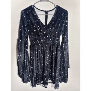 Womens Black Star Moon Print Velvet Mini Dress Bell Sleeve V Neck Size S Goth